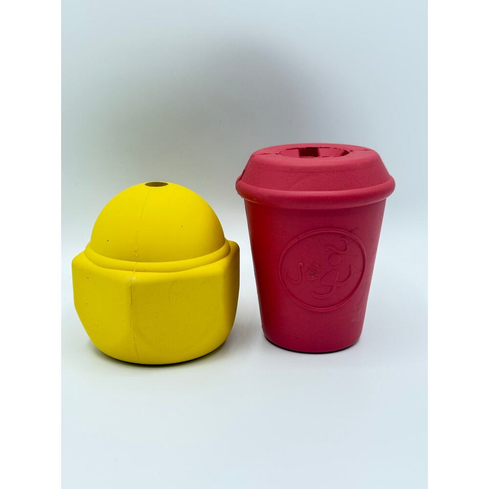 Sodapup Coffee Cup Durable Rubber Chew Toy Treat Dispenser Red Yellow